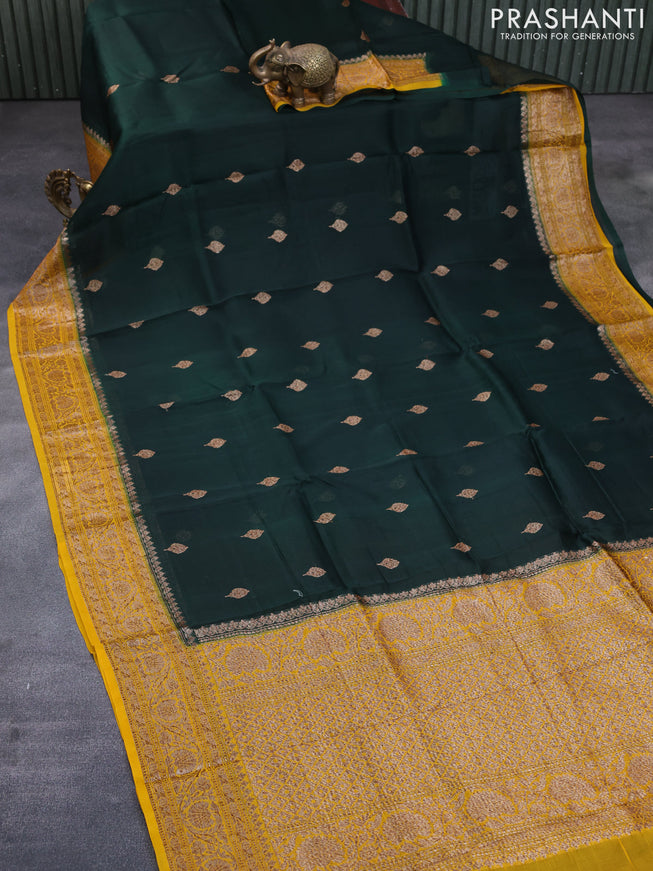 Banarasi organza silk saree bottle green and mango yellow with thread & zari woven buttas and banarasi style border