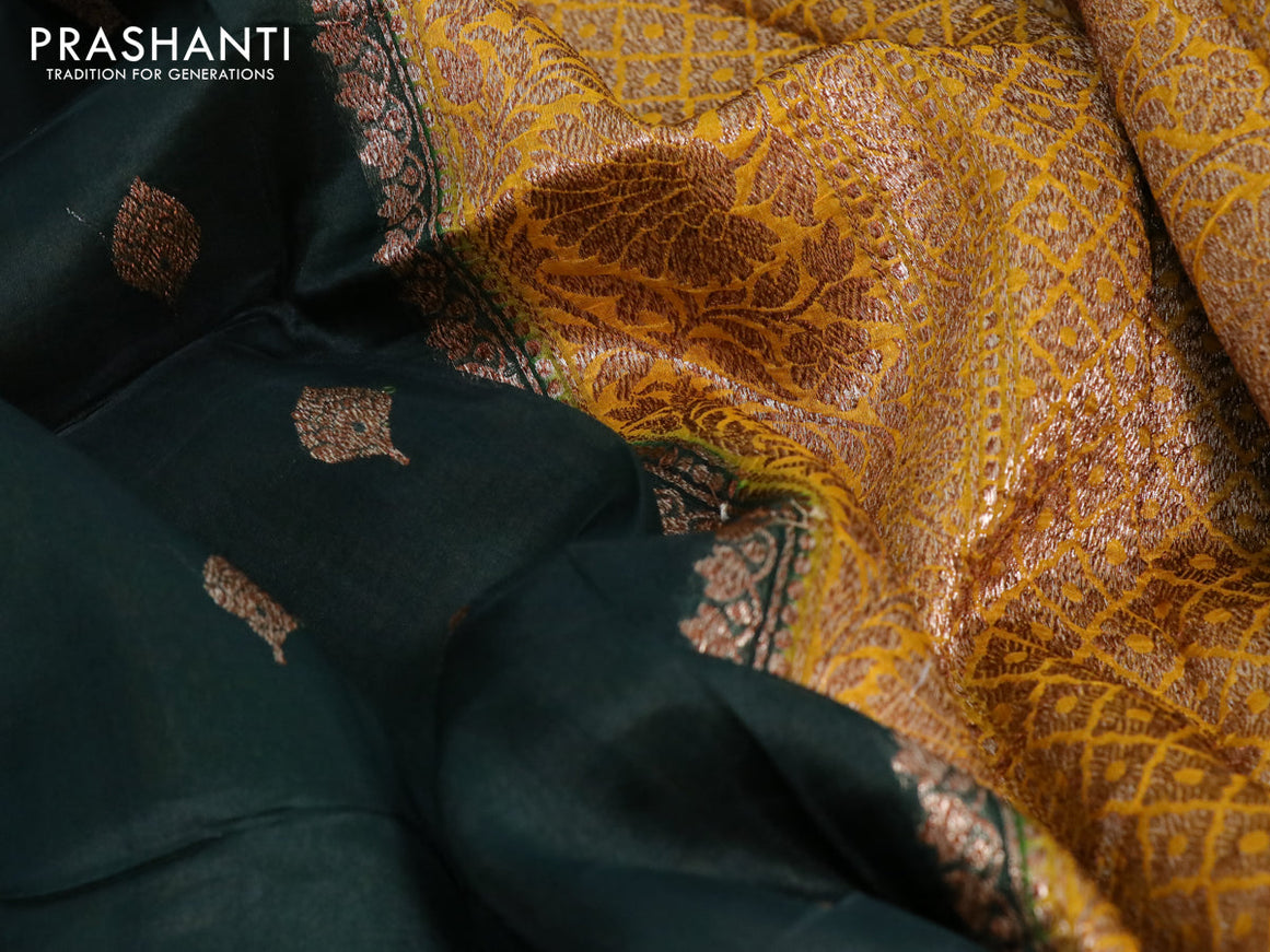 Banarasi organza silk saree bottle green and mango yellow with thread & zari woven buttas and banarasi style border