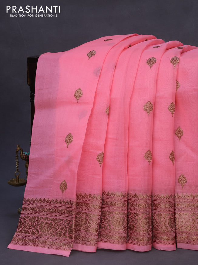 Banarasi organza silk saree candy pink with thread & zari woven buttas and banarasi style border