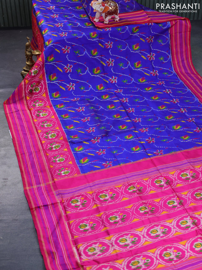 Pochampally silk saree blue and pink with allover ikat weaves and simple border