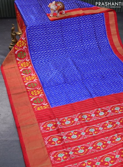 Pochampally silk saree blue and red with allover ikat weaves and ikat style zari woven border