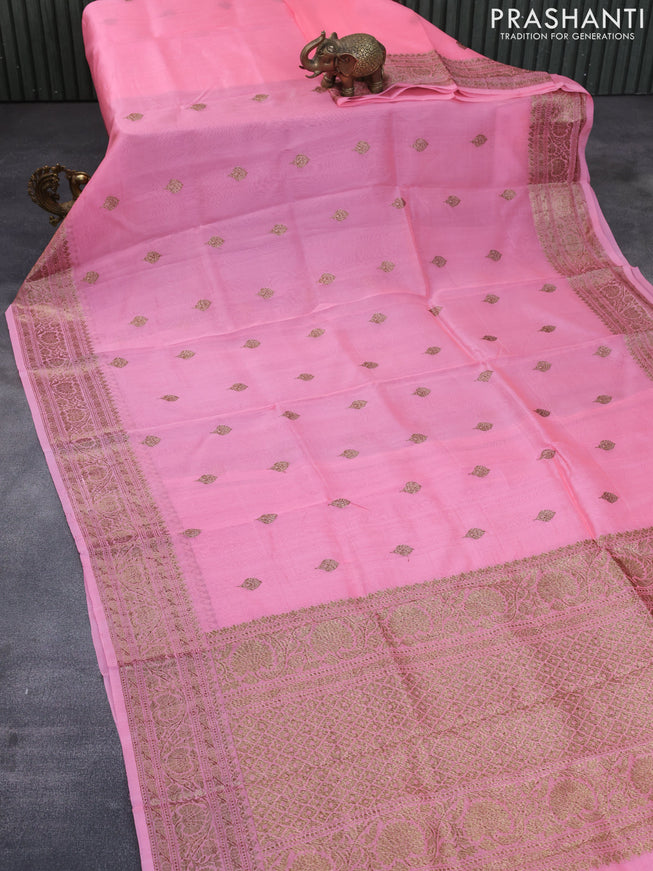 Banarasi organza silk saree candy pink with thread & zari woven buttas and banarasi style border