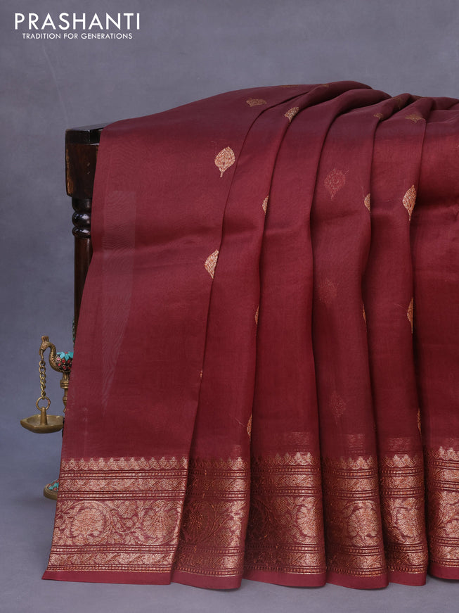 Banarasi organza silk saree deep maroon with thread & zari woven buttas and banarasi style border