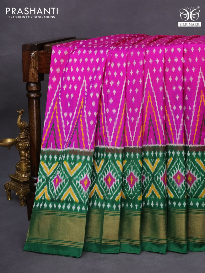 Pochampally silk saree pink and green with allover ikat weaves and ikat style zari woven border