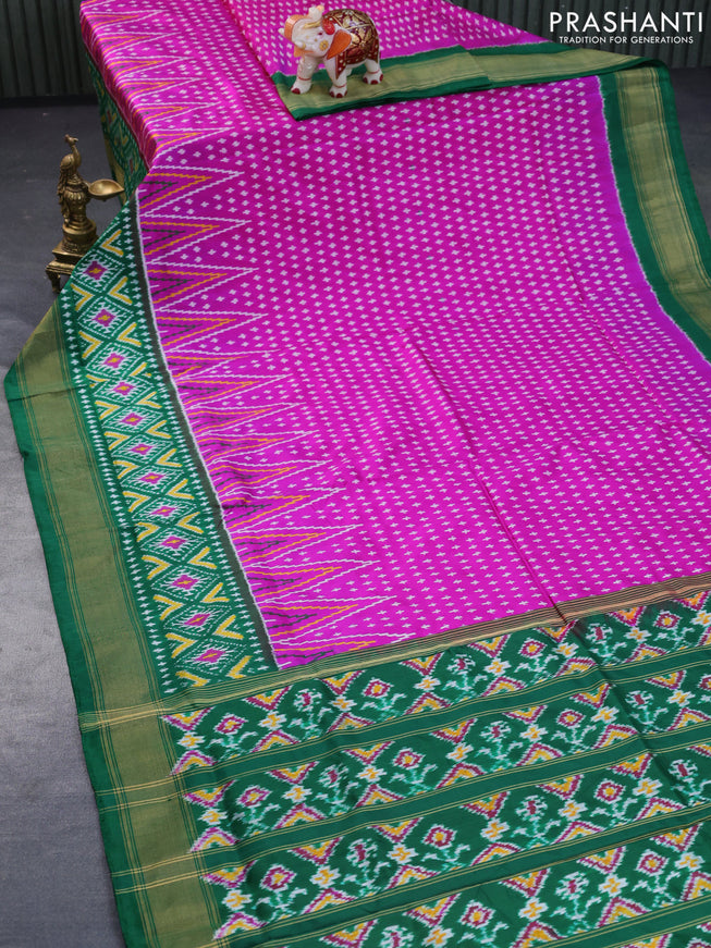 Pochampally silk saree pink and green with allover ikat weaves and ikat style zari woven border