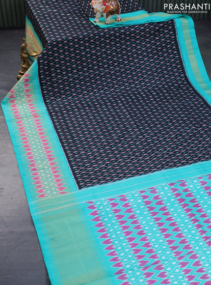 Pochampally silk saree black and teal green with allover ikat weaves and ikat style zari woven border