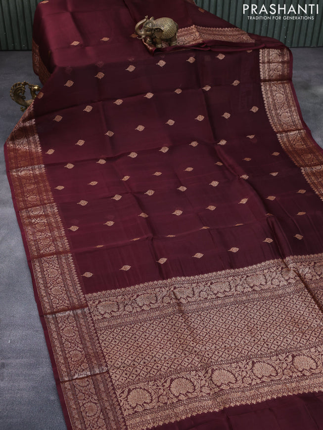 Banarasi organza silk saree deep maroon with thread & zari woven buttas and banarasi style border