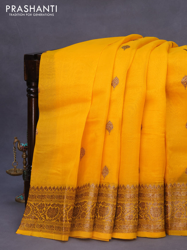 Banarasi organza silk saree mango yellow with thread & zari woven buttas and banarasi style border