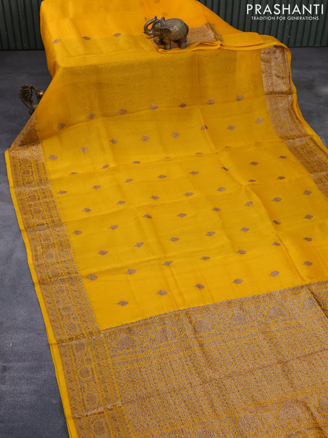 Banarasi organza silk saree mango yellow with thread & zari woven buttas and banarasi style border