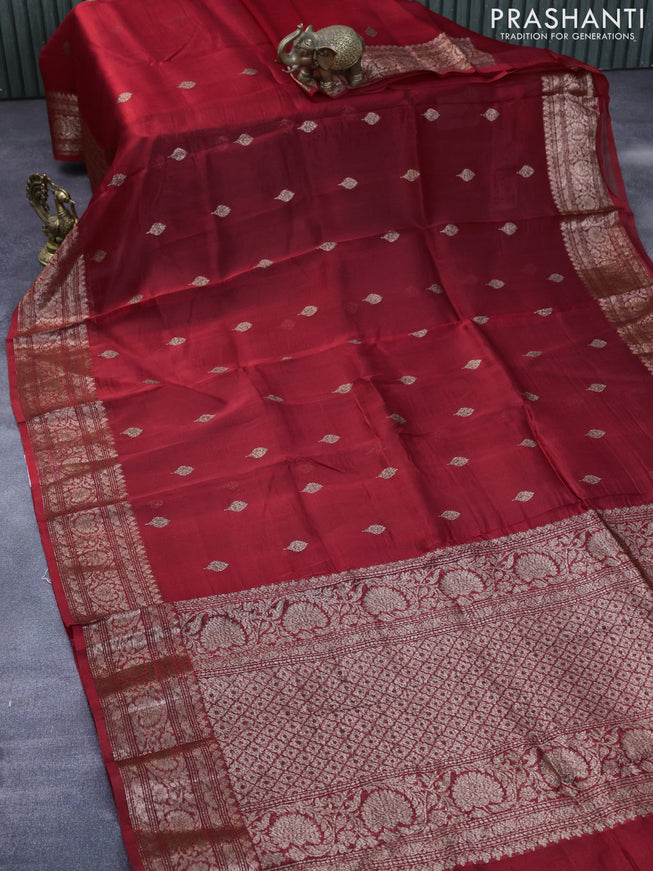 Banarasi organza silk saree red with thread & zari woven buttas and banarasi style border