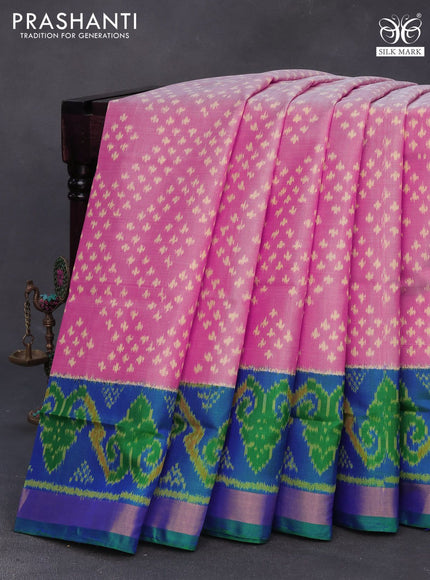 Rajkot patola silk saree maroon shade and dual shade of bluish green with allover ikat weaves and zari woven border