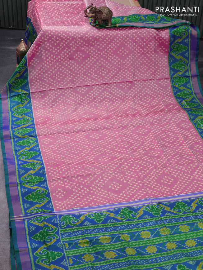 Rajkot patola silk saree maroon shade and dual shade of bluish green with allover ikat weaves and zari woven border