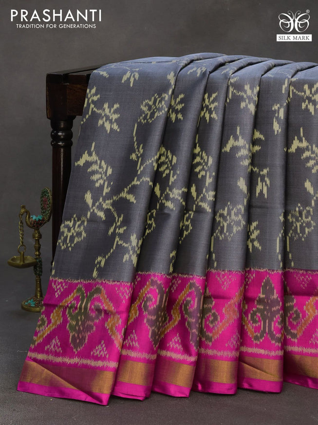 Rajkot patola silk saree grey and pink with allover ikat weaves and zari woven border