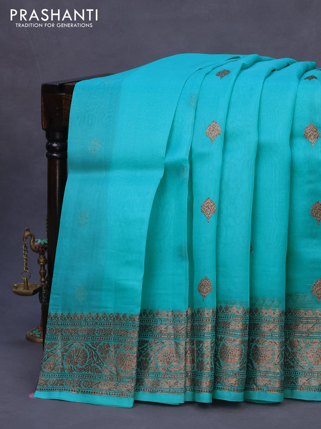 Banarasi organza silk saree teal blue with thread & zari woven buttas and banarasi style border