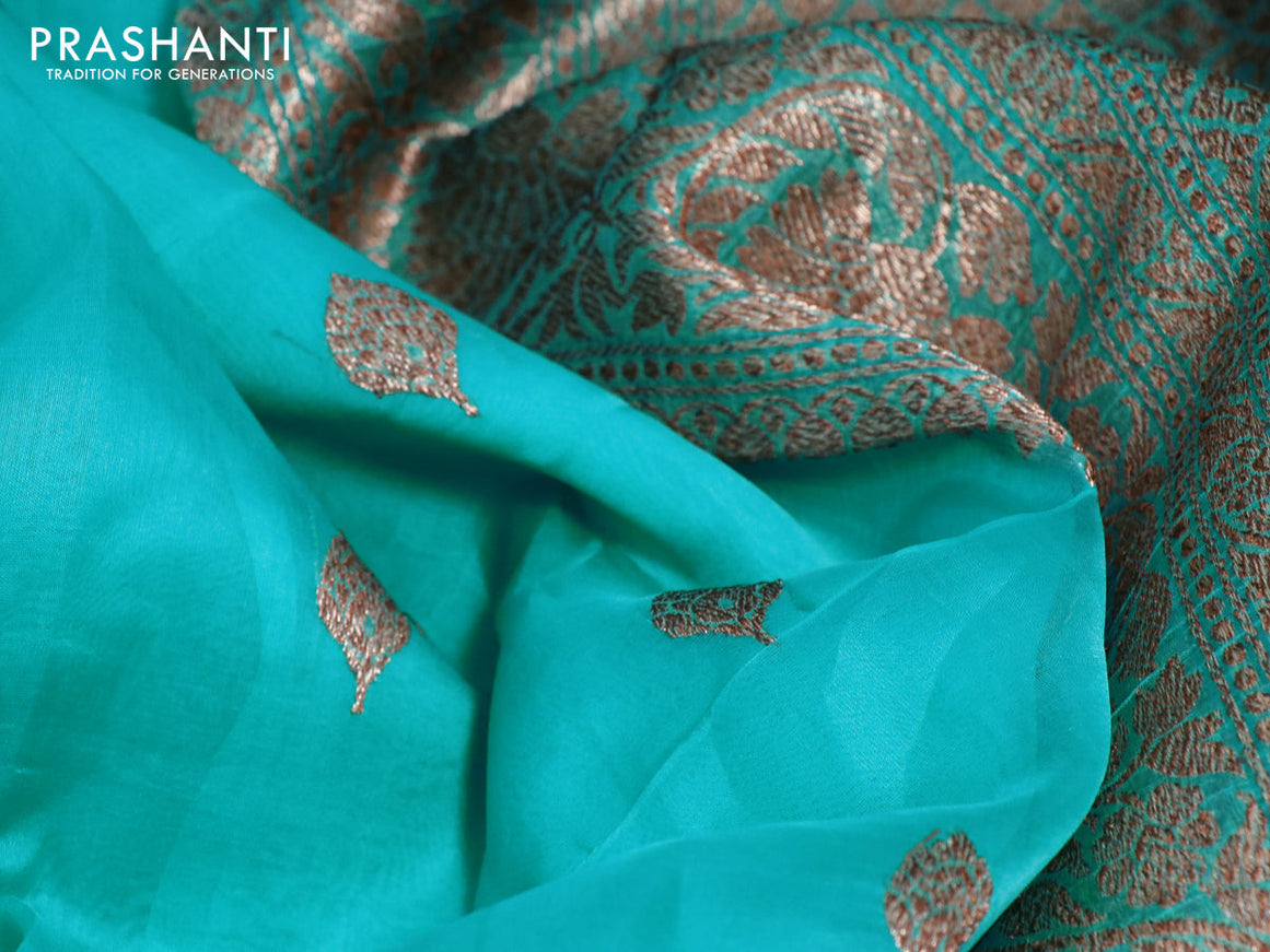 Banarasi organza silk saree teal blue with thread & zari woven buttas and banarasi style border