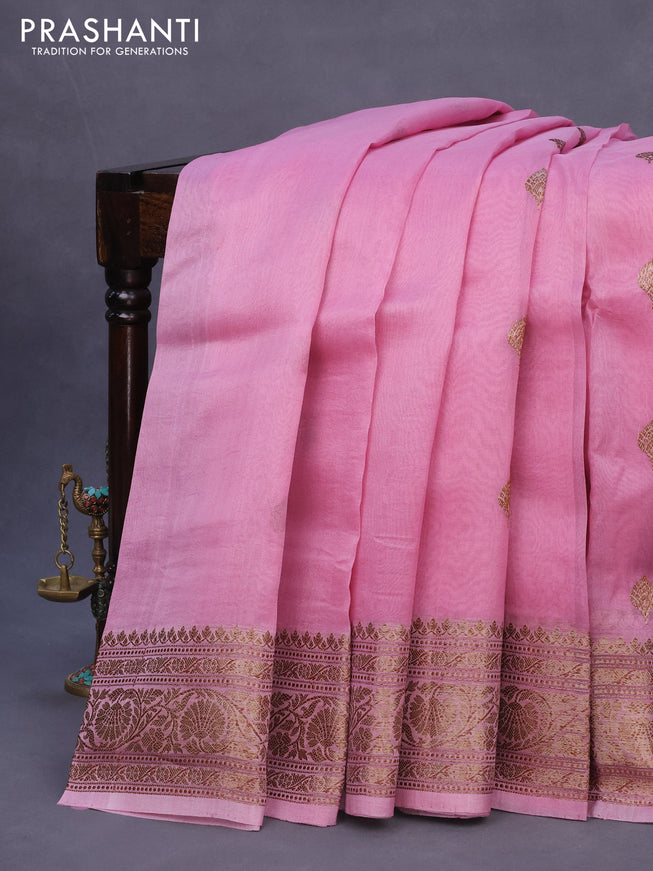 Banarasi organza silk saree mauve pink with thread & zari woven buttas and banarasi style border