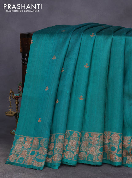 Banarasi raw silk saree teal green with thread & zari woven buttas and woven border