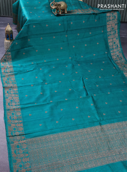 Banarasi raw silk saree teal green with thread & zari woven buttas and woven border