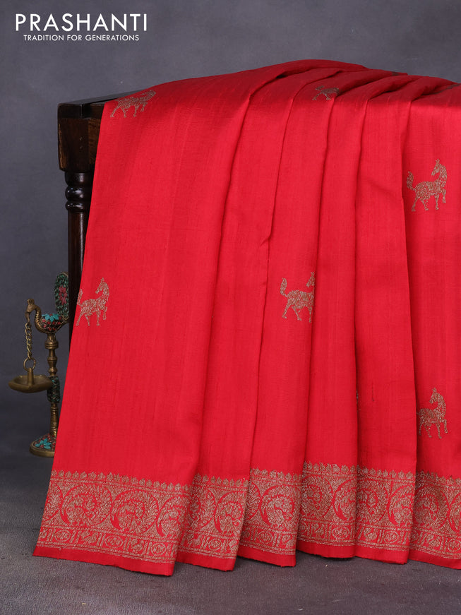 Banarasi raw silk saree dark red and green with thread & zari woven buttas and woven border