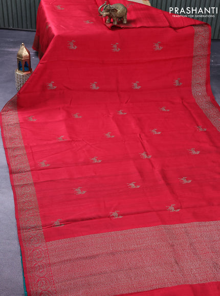 Banarasi raw silk saree dark red and green with thread & zari woven buttas and woven border