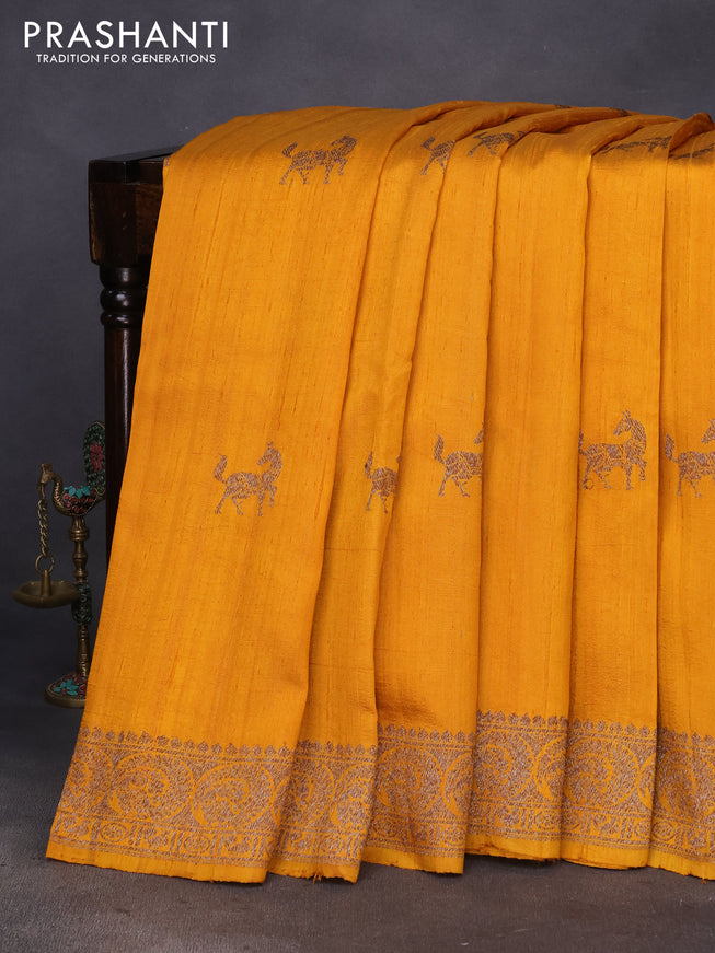 Banarasi raw silk saree mustard yellow with thread & zari woven buttas and woven border