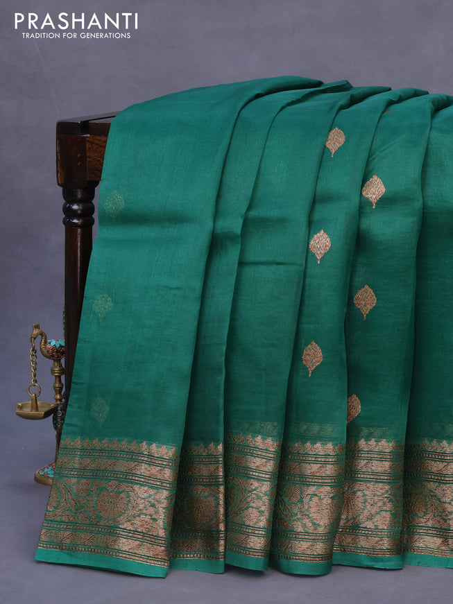 Banarasi organza silk saree dark green with thread & zari woven buttas and banarasi style border