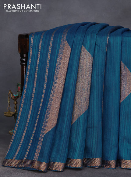 Banarasi raw silk saree peacock blue with allover thread & zari stripes and woven border