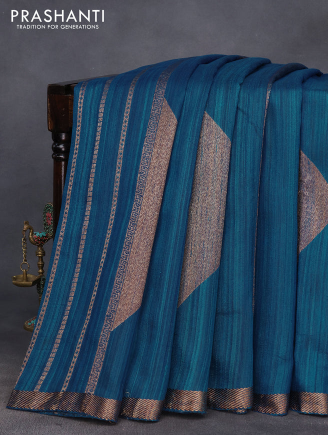 Banarasi raw silk saree peacock blue with allover thread & zari stripes and woven border