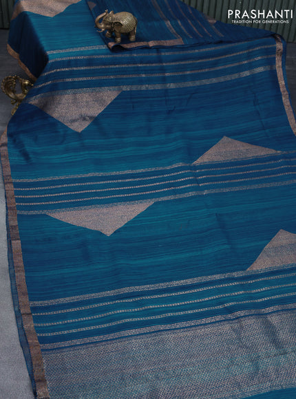 Banarasi raw silk saree peacock blue with allover thread & zari stripes and woven border