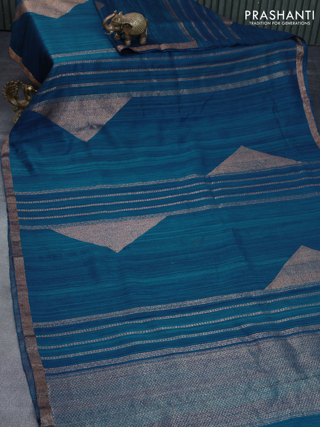 Banarasi raw silk saree peacock blue with allover thread & zari stripes and woven border