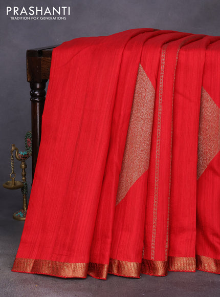 Banarasi raw silk saree red with allover thread & zari stripes and butta border