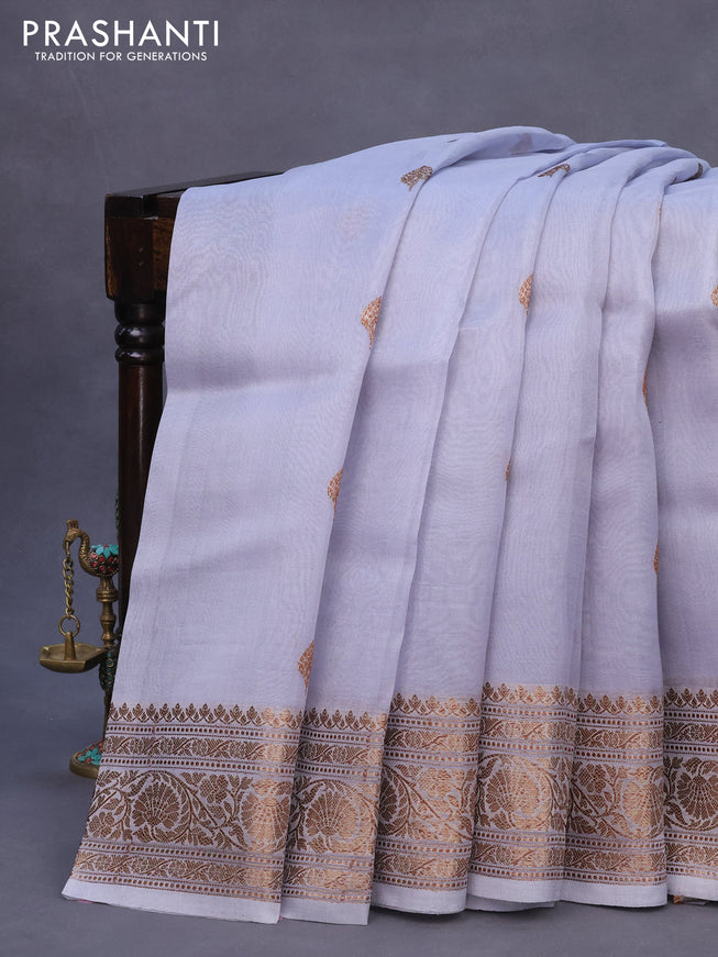 Banarasi organza silk saree grey shade with thread & zari woven buttas and banarasi style border