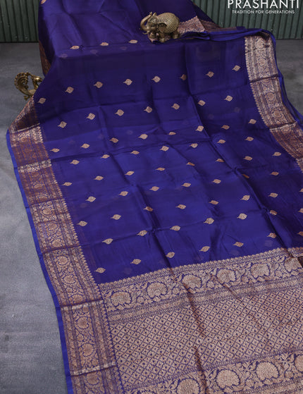 Banarasi organza silk saree navy blue with thread & zari woven buttas and banarasi style border