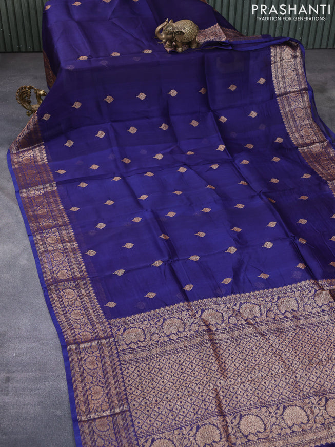 Banarasi organza silk saree navy blue with thread & zari woven buttas and banarasi style border