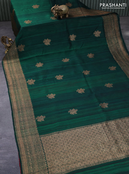 Banarasi raw silk saree dark green and red with thread & zari woven floral buttas and woven border