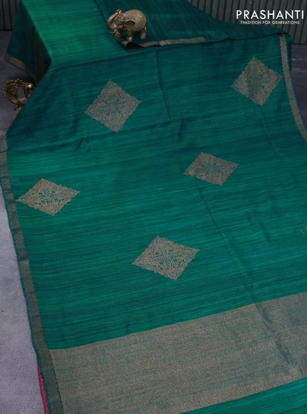 Banarasi raw silk saree teal green and magenta pink with thread & zari woven buttas and woven border