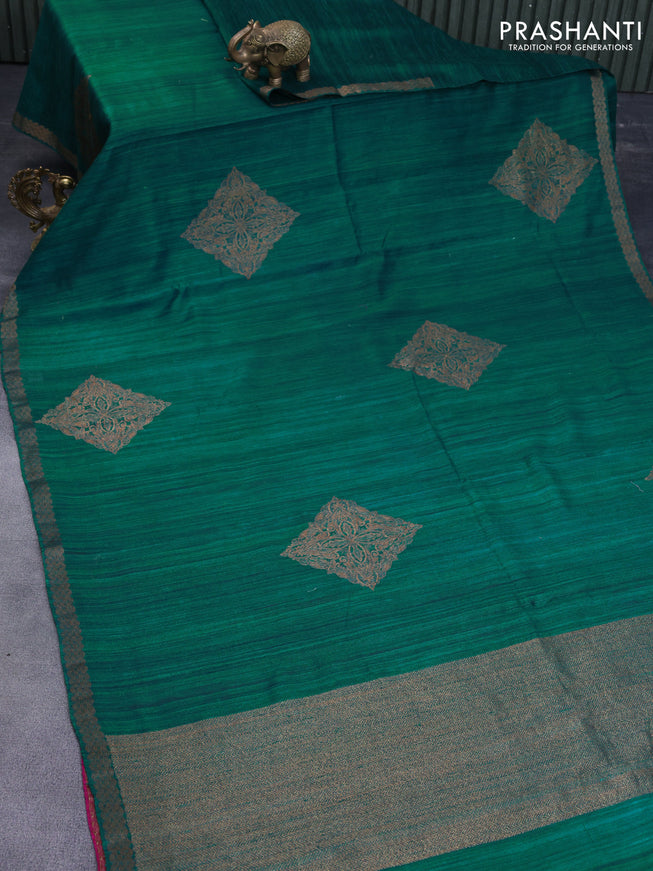 Banarasi raw silk saree teal green and magenta pink with thread & zari woven buttas and woven border