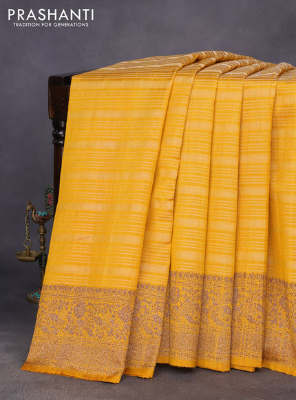 Banarasi raw silk saree mustard yellow with allover zari stripes and woven border