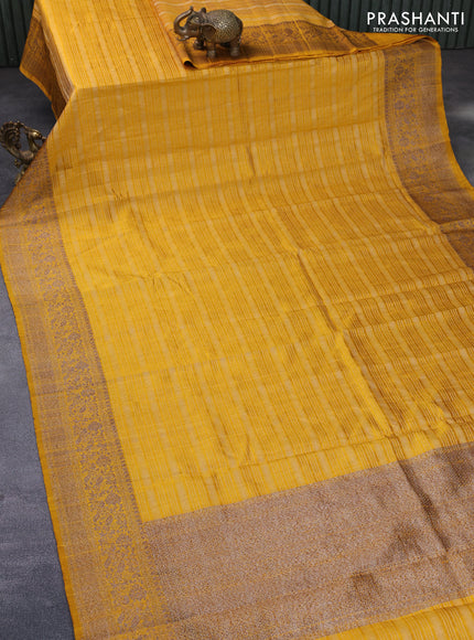 Banarasi raw silk saree mustard yellow with allover zari stripes and woven border