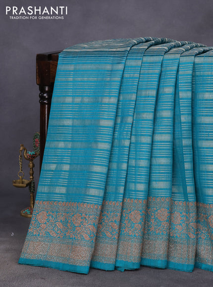 Banarasi raw silk saree teal green with allover zari stripes and woven border