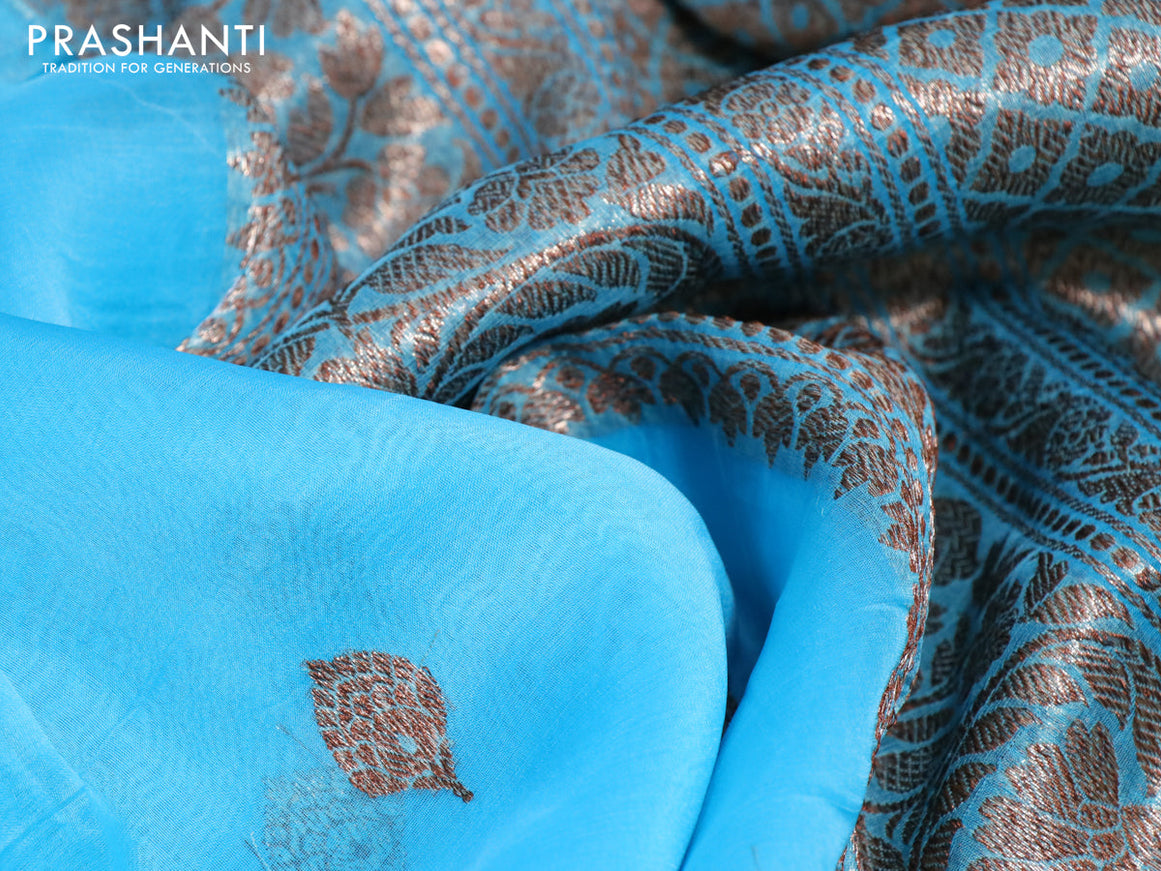 Banarasi organza silk saree teal blue with thread & zari woven buttas and banarasi style border