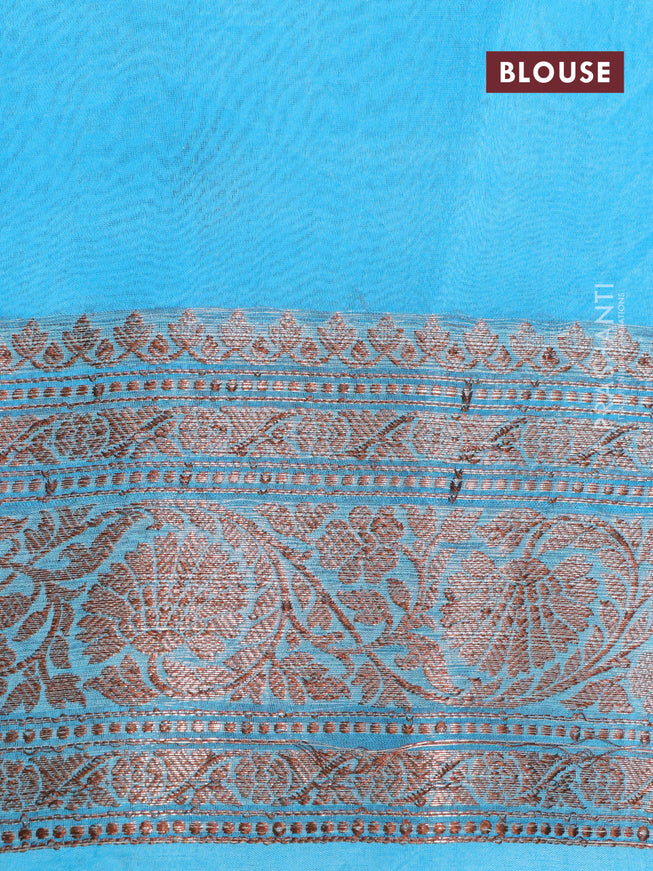 Banarasi organza silk saree teal blue with thread & zari woven buttas and banarasi style border