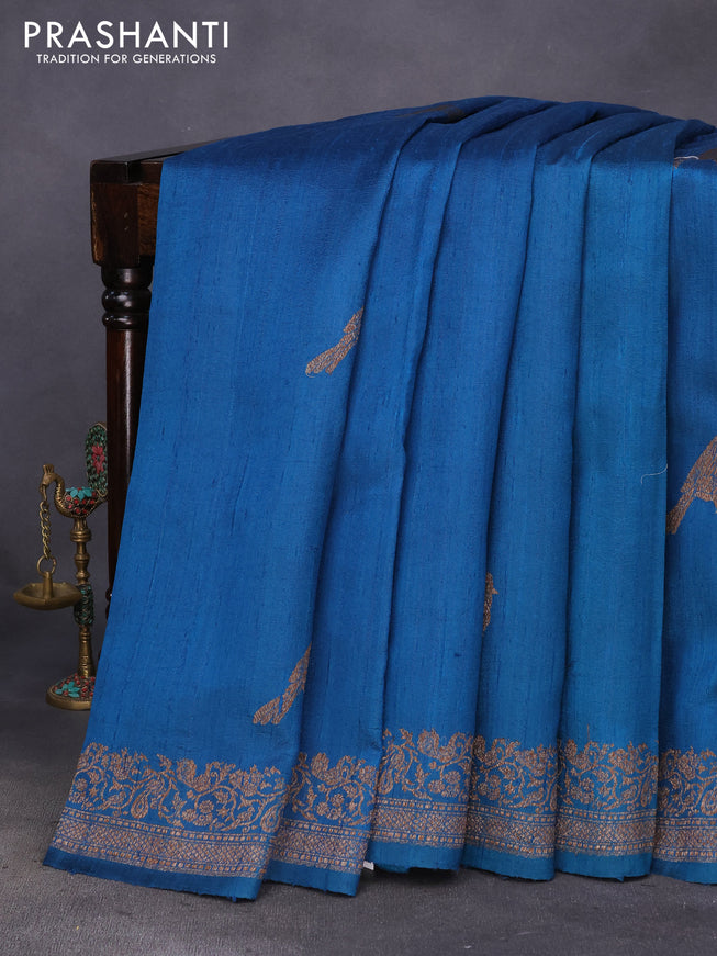 Banarasi raw silk saree peacock blue with thread & zari woven buttas and woven border