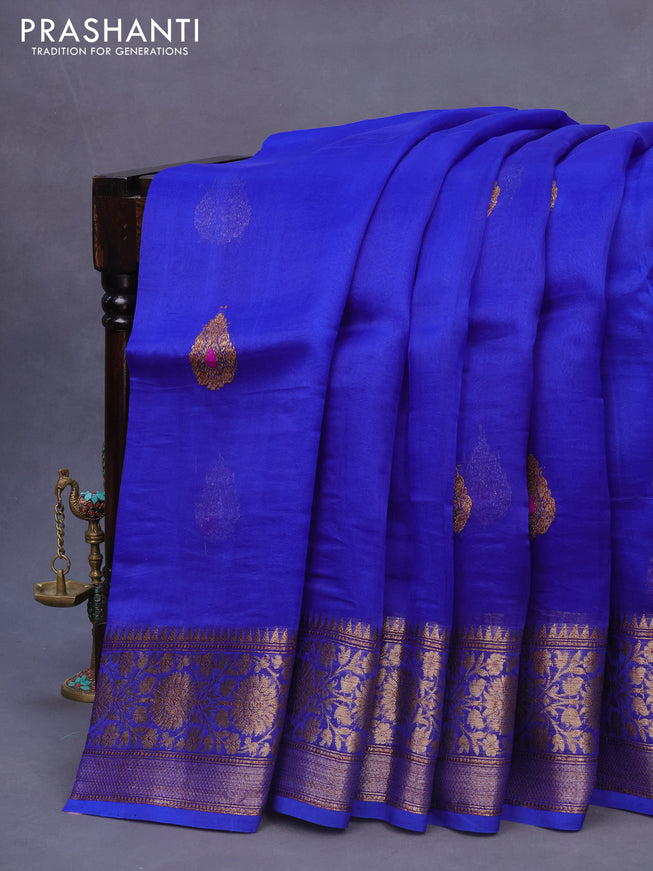 Banarasi organza silk saree royal blue with thread & zari woven buttas and banarasi style border