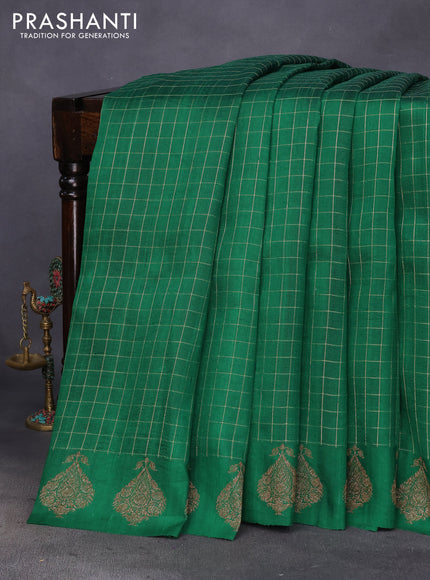 Banarasi raw silk saree green with allover zari checked pattern and butta woven border