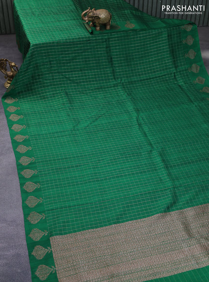 Banarasi raw silk saree green with allover zari checked pattern and butta woven border