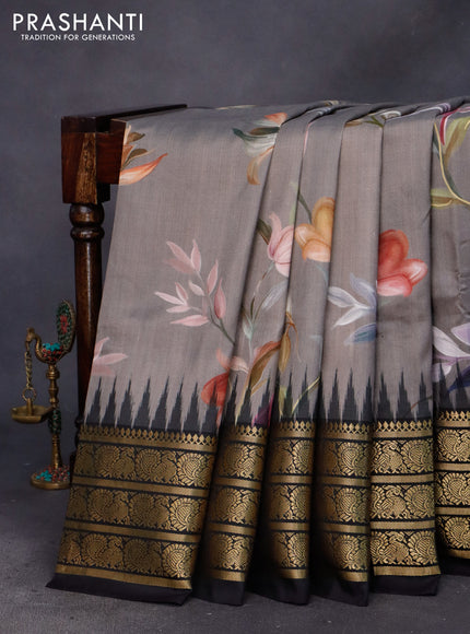 Pochampally silk saree grey and black with allover floral digital prints and temple design annam zari woven border