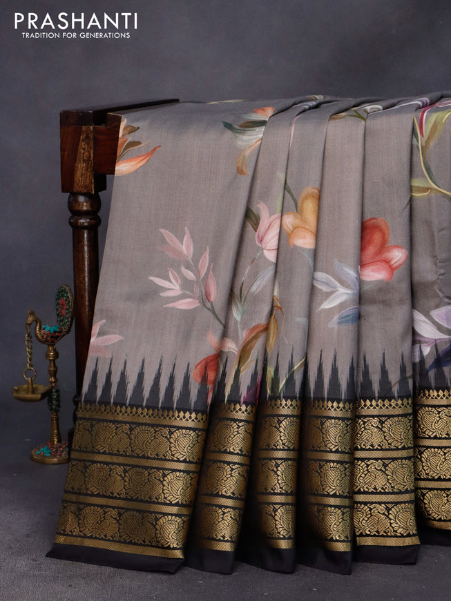 Pochampally silk saree grey and black with allover floral digital prints and temple design annam zari woven border