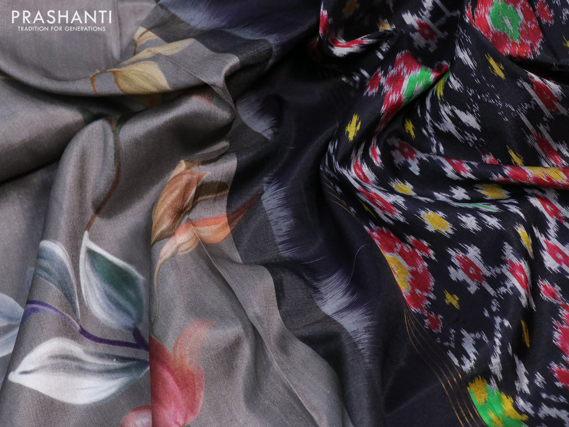 Pochampally silk saree grey and black with allover floral digital prints and temple design annam zari woven border