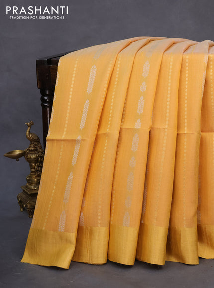 Pure raw silk saree yellow and orange with silver & gold zari weaves and zari woven border